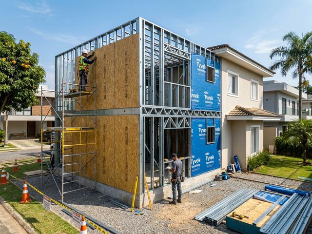 Obra de ampliação residencial rápida em Light Steel Frame com perfis galvanizados e barreira Tyvek