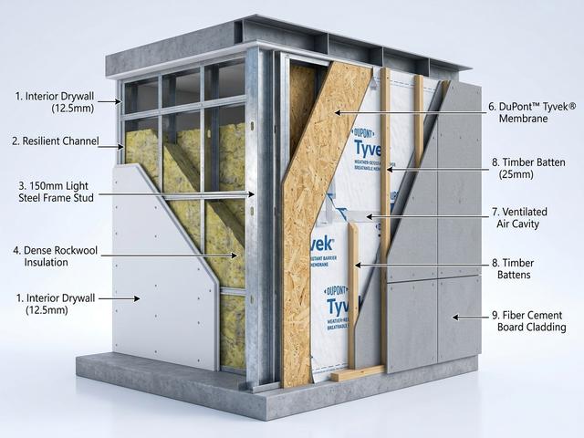 Anatomia multicamadas em corte 3D de parede Light Steel Frame com isolamento de lã de rocha e placa cimentícia