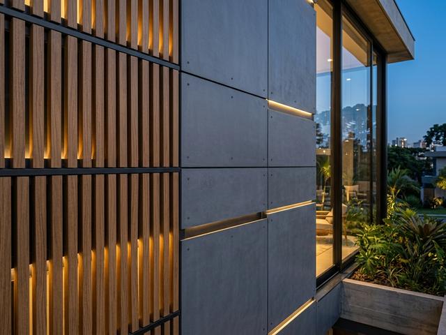 Detalhe de fachada ventilada com placas cimentícias e brises ripados em Steel Frame