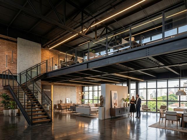Mezanino metálico estrutural para loja showroom com iluminação linear e guarda-corpo de vidro