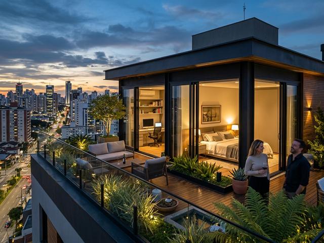 Segundo pavimento de 85m² sobre laje no Batel em Curitiba com terraço panorâmico em Steel Frame