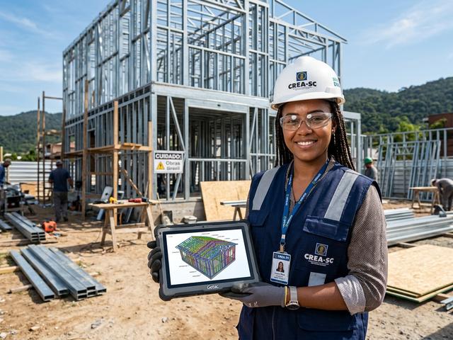 Engenheiro civil calculista analisando projeto e modelagem BIM 3D de Light Steel Frame no canteiro de obras